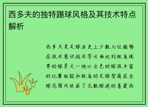 西多夫的独特踢球风格及其技术特点解析
