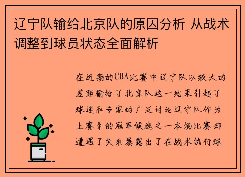 辽宁队输给北京队的原因分析 从战术调整到球员状态全面解析