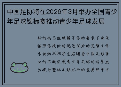 中国足协将在2026年3月举办全国青少年足球锦标赛推动青少年足球发展